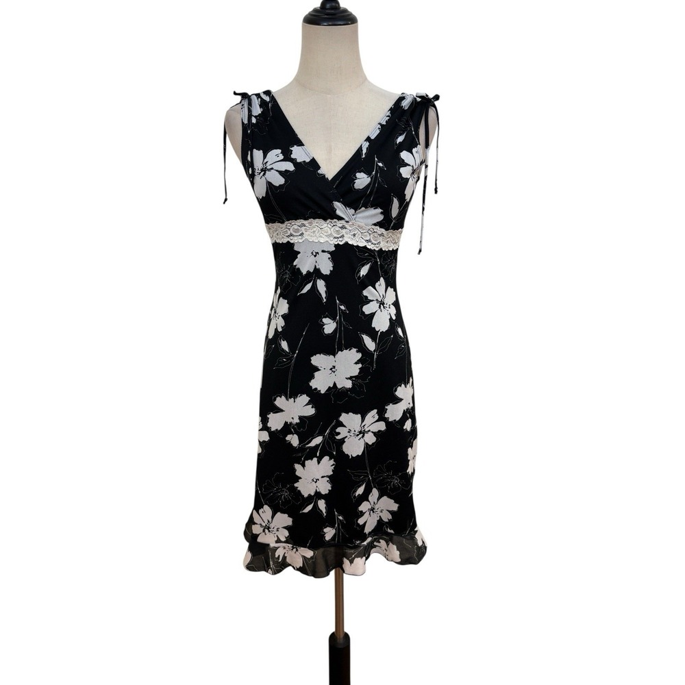 Vtg 90s Y2K Black Floral Lace Trim Mini Dress Tie S Dark Coquette Soft Grunge